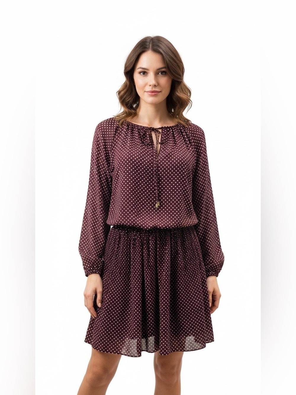 Michael Kors Maroon Polka Dot Long Sleeve Dress XS
